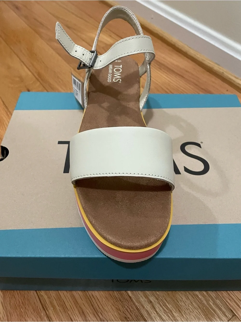 Toms White Leather Ankle-Strap Platform Sandal with Pink and Yellow Trim - New!